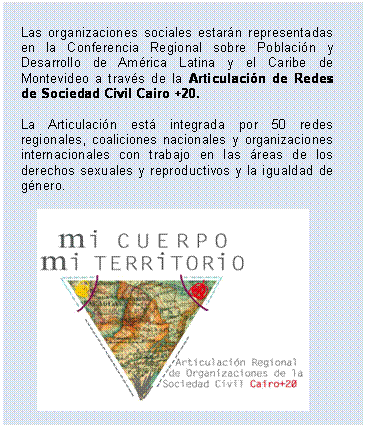 Cuadro de texto: Las organizaciones sociales estarán representadas en la Conferencia Regional sobre Población y Desarrollo de América Latina y el Caribe de Montevideo a través de la Articulación de Redes de Sociedad Civil Cairo +20.      La Articulación está integrada por 50 redes regionales, coaliciones nacionales y organizaciones internacionales con trabajo en las áreas de los derechos sexuales y reproductivos y la igualdad de género.       
